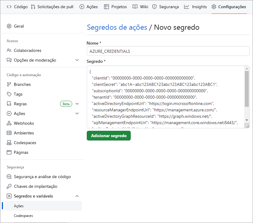 Captura de tela da página Novo segredo para definir segredos de variáveis de ambiente no GitHub.