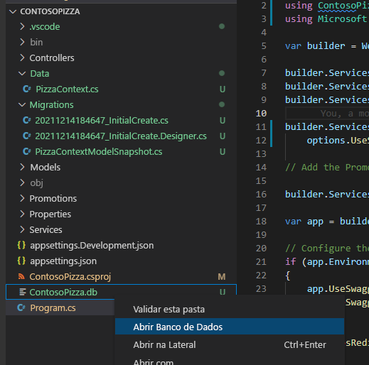 Captura de ecrã a mostrar a opção de menu Abrir Base de Dados no painel Explorador do Visual Studio Code.