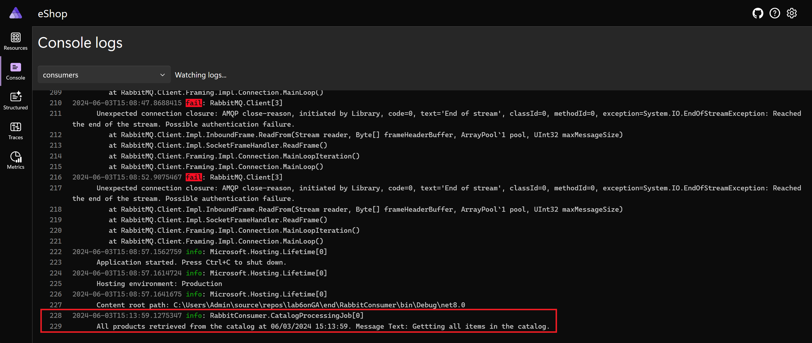 Captura de tela mostrando a mensagem recuperada da fila do RabbitMQ e exibida nos logs do console para o projeto do consumidor.