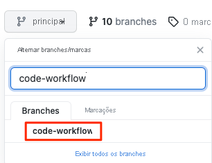 Captura de ecrã do GitHub mostrando como selecionar a branch no menu dropdown.