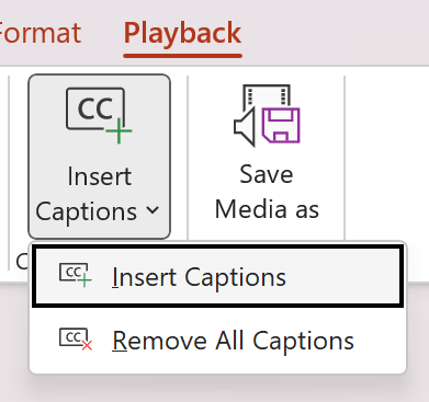 Captura de ecrã do botão Inserir Legendas no friso Opções de Vídeo no PowerPoint.