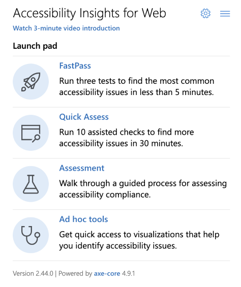 Captura de ecrã da plataforma de lançamento do Accessibility Insights.