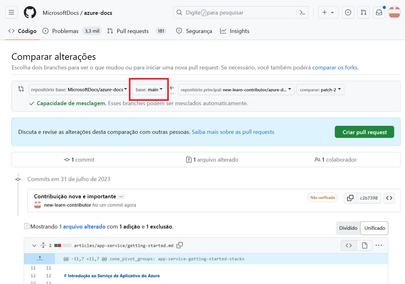 Captura de tela da página da Web onde os colaboradores devem verificar o repositório de destino e o ramo para o qual desejam mesclar as alterações. Main está selecionado como a Base.