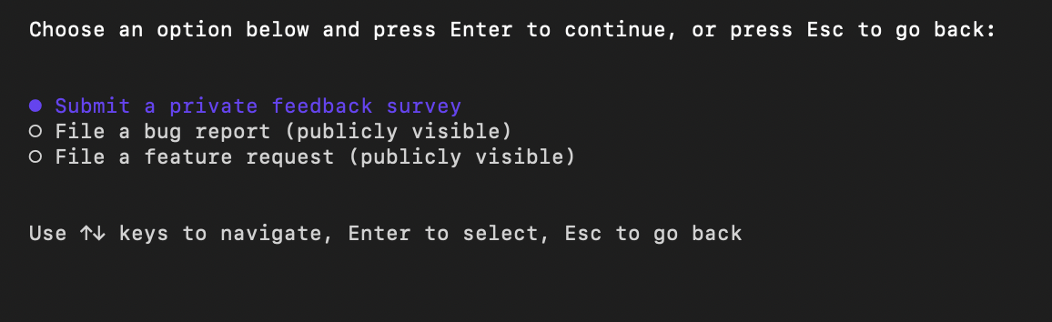 Captura de ecrã a usar o comando /feedack slash no modo interativo da CLI do Copilot.