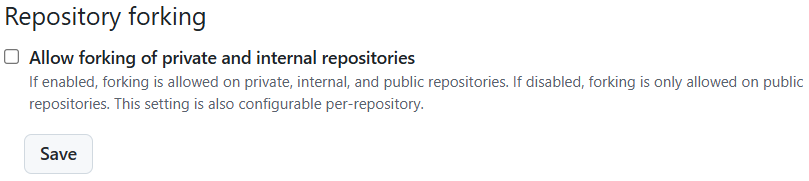 Captura de tela mostrando as permissões de bifurcação de uma Organização GitHub.