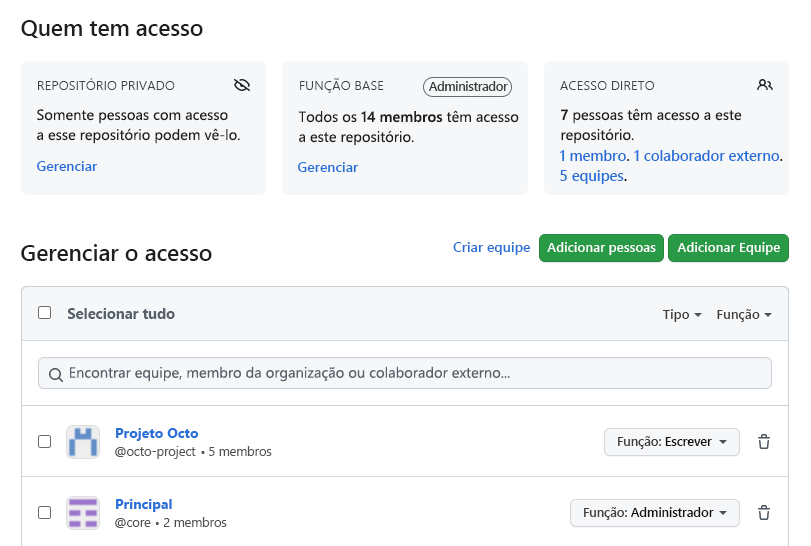 Captura de ecrã do ecrã de gestão de acesso.