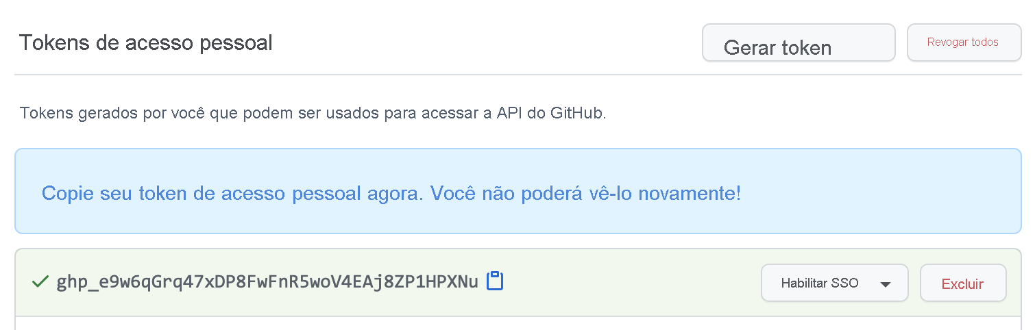 Captura de ecrã do ecrã do token de acesso pessoal.