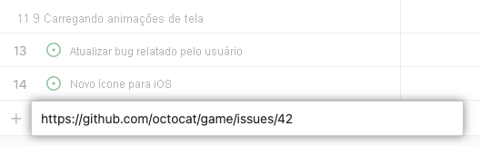 Captura de ecrã de um Projeto na vista de Lista com um exemplo de um URL de um Problema colado no Projeto.