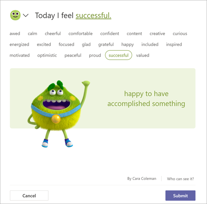 Captura de tela do modo de exibição do aluno no aplicativo Reflect depois que você seleciono uma emoção.