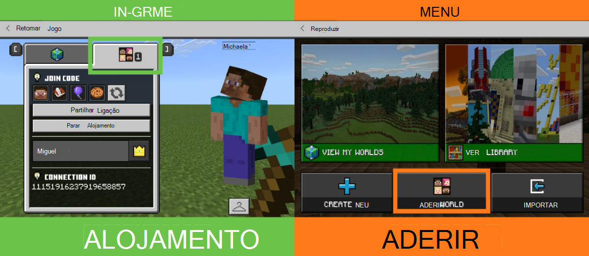 Captura de ecrã de um ecrã dividido a mostrar dois ecrãs de interface do Minecraft Education: alojamento no jogo com um menu multijogador aberto e a associação de menus com opções para entrar em mundos.