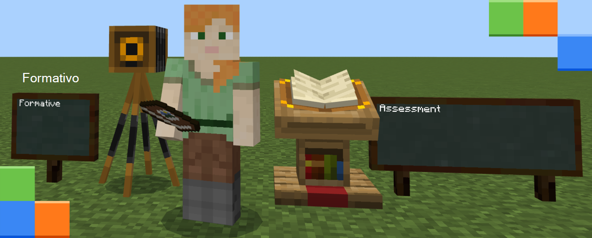 Captura de ecrã do caráter Minecraft entre dois quadros-negros com as palavras Formativo e Avaliação escritas nos mesmos.