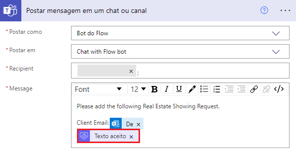 Captura de tela da ação atualizada Postar mensagem em um chat ou canal com o conteúdo dinâmico Accepted text.