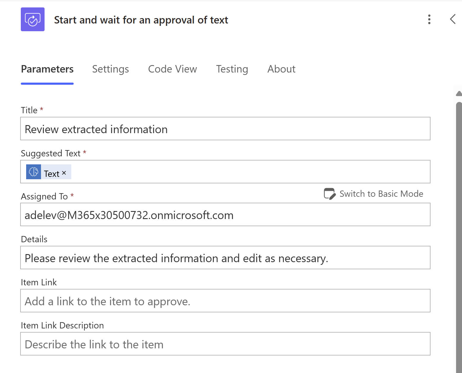 Captura de tela que exibe a ação de adicionar conteúdo dinâmico à ação Iniciar e aguardar uma aprovação de texto.