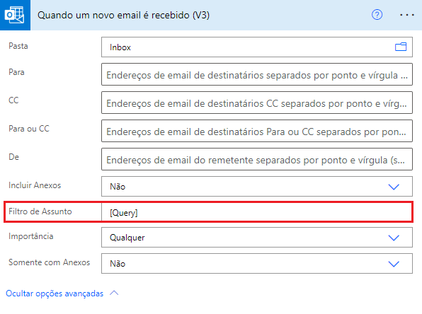 Captura de tela do gatilho de fluxo Quando um novo email é recebido com a propriedade Filtro de Assunto realçada.