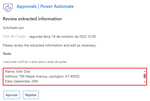 Captura de tela da solicitação de Aprovação na caixa de entrada do Outlook.