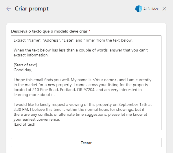 Captura de tela do prompt completo na janela Criar prompt.