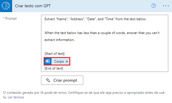 Captura de tela do texto do prompt atualizado junto com o conteúdo dinâmico do corpo do email.