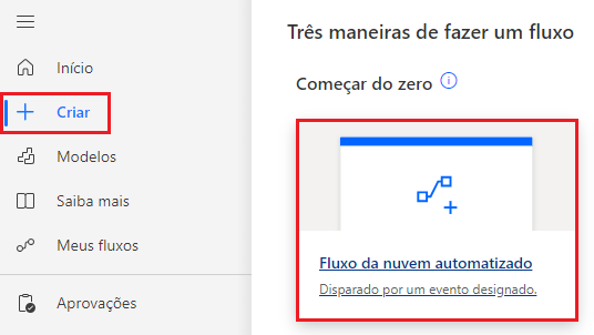 Captura de tela opção Criar e da ação Fluxo da nuvem automatizado.