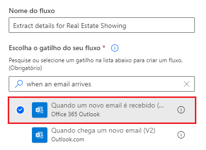 Captura de tela do nome do fluxo e o gatilho do Office 365 Outlook.