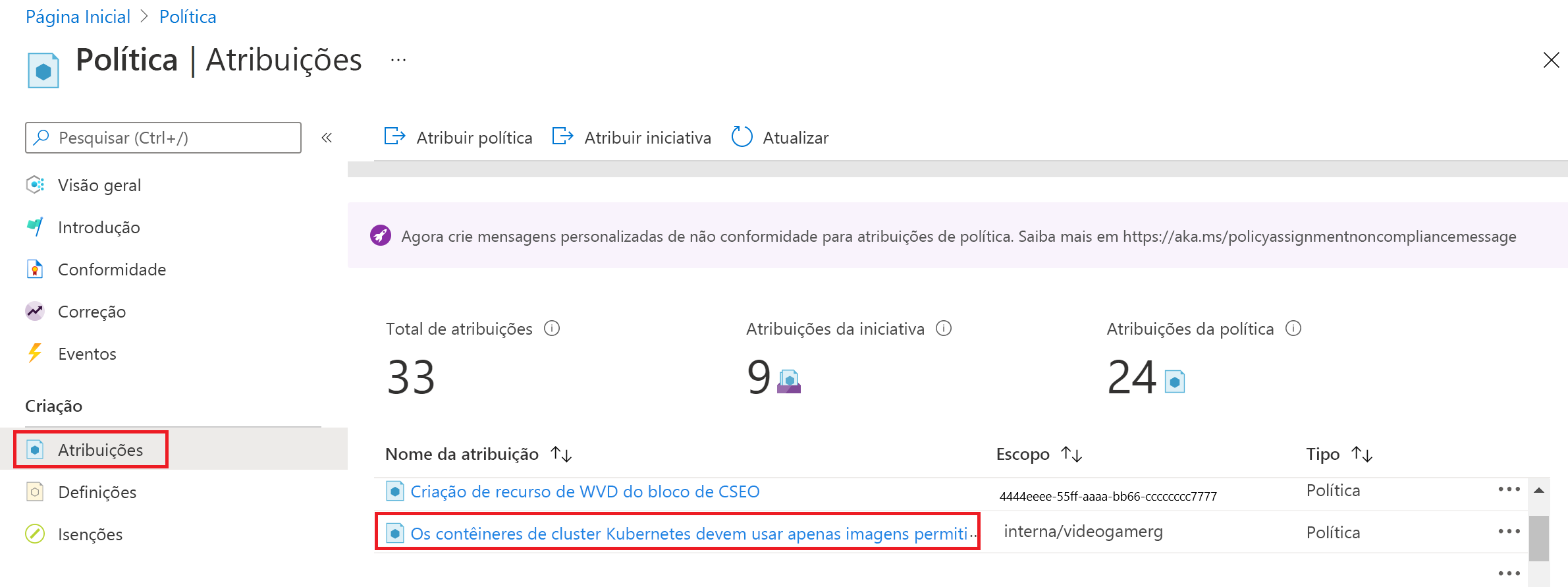 captura de ecrã a mostrar a Política atribuída.