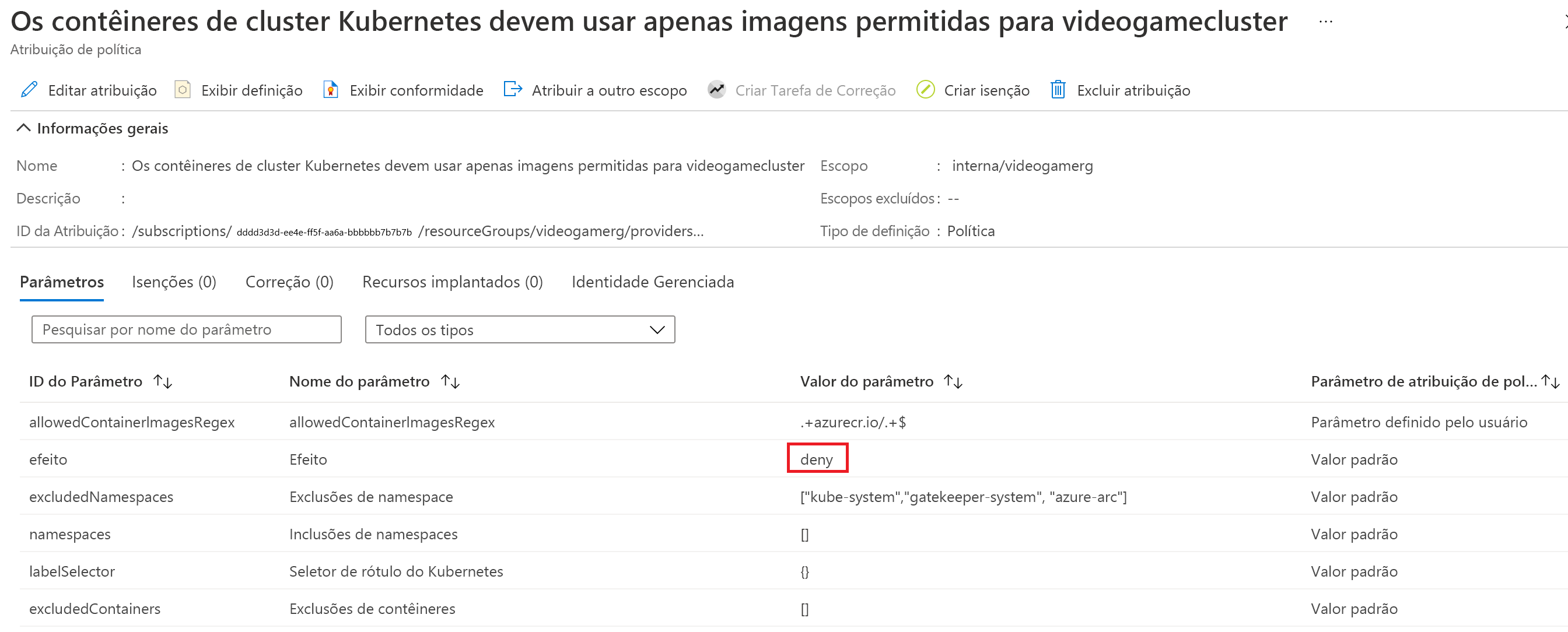 captura de ecrã a mostrar detalhes da atribuição de Política.