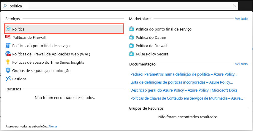 Screenshot of the general Azure portal search box with a result that shows the Azure Policy service.