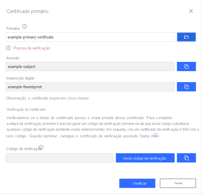 Screenshot that shows the dialog box for managing a primary certificate.