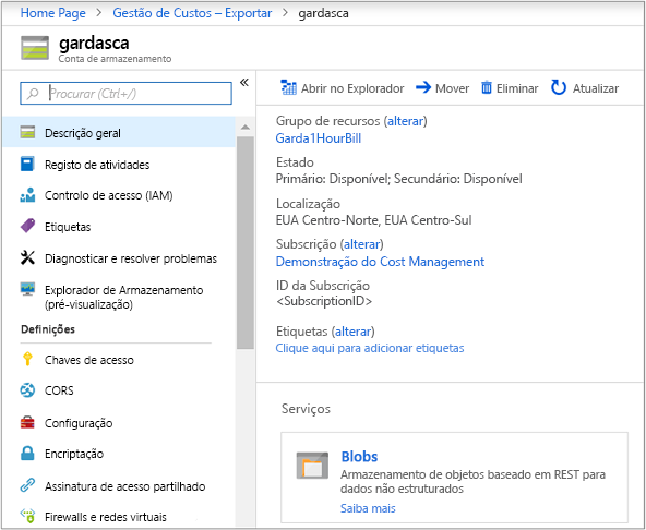 Screenshot of storage account page showing example information and link to Open in Explorer.