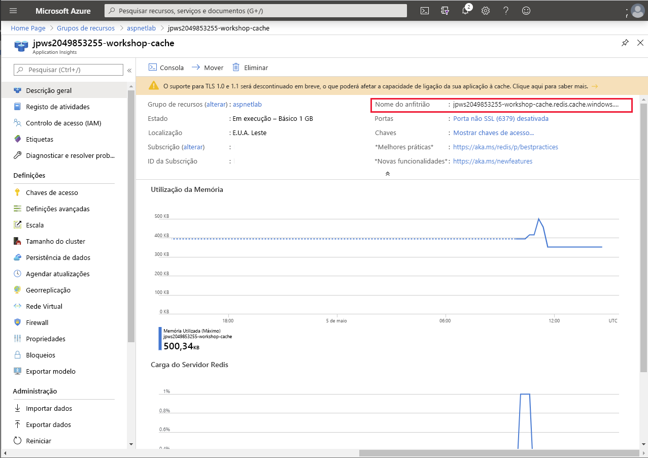 Screenshot showing Azure Cache for Redis page in the Azure portal. The host name for the cache is highlighted.