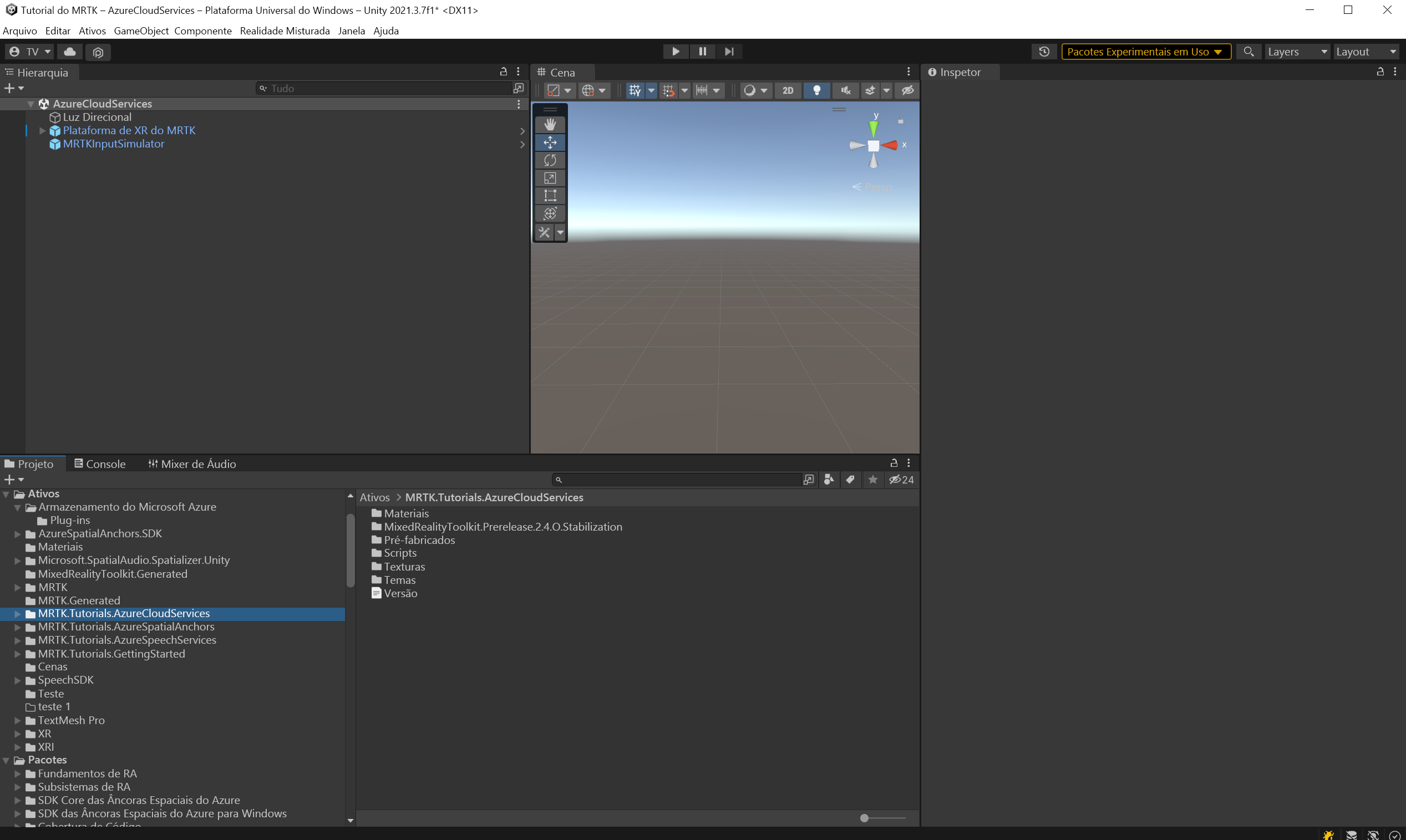 Screenshot of Unity Hierarchy, Scene, and Project windows after importing the tutorial assets.
