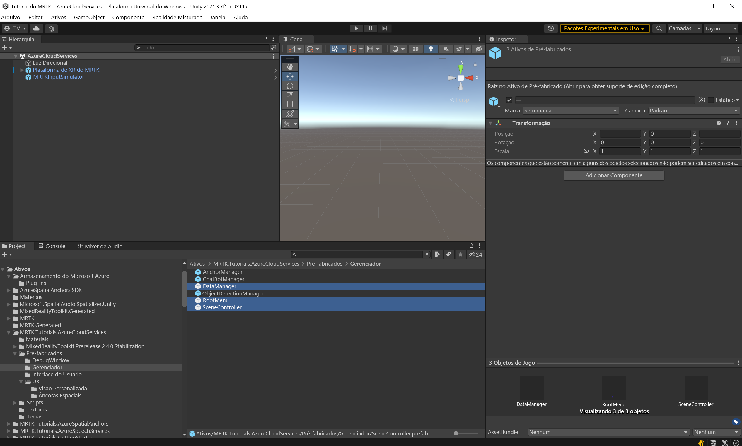 Screenshot of Unity with SceneController, RootMenu, and DataManager prefabs selected.