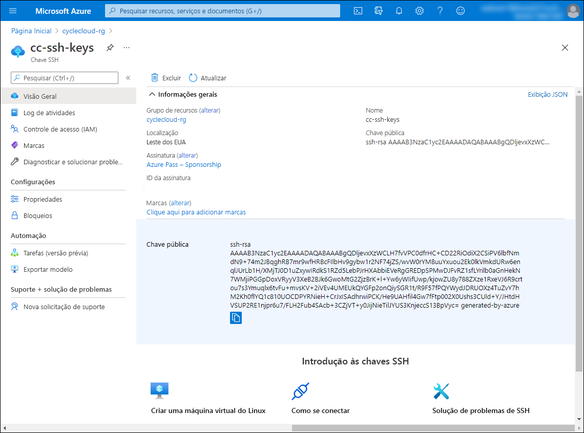 Captura de ecrã a mostrar a secção Essentials da secção cc-ssh-keys, incluindo a entrada de chave Pública no portal do Azure.
