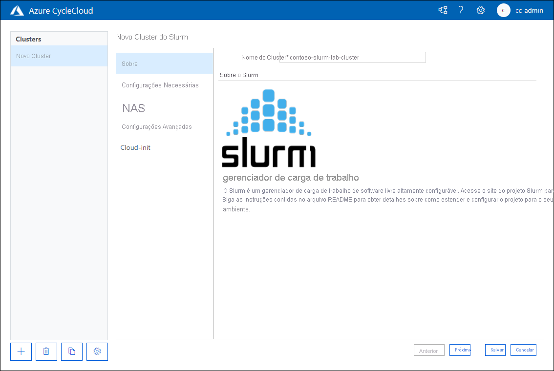 Captura de ecrã que mostra a guia Sobre da página Novo Cluster Slurm do aplicativo Web Azure CycleCloud.