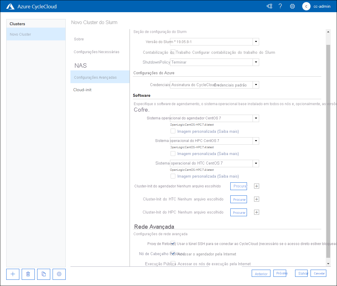 Captura de ecrã que mostra o separador Definições Avançadas da página Novo Cluster Slurm da aplicação web do Azure CycleCloud.