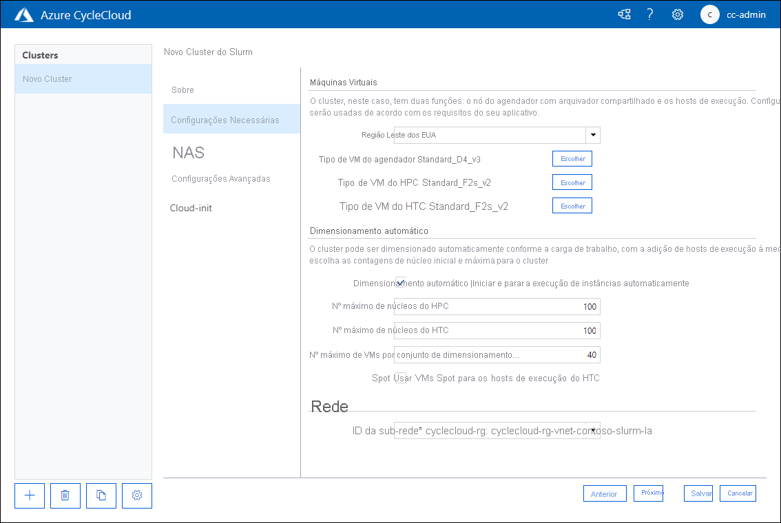 Captura de tela que mostra a guia Configurações Necessárias da página Novo Cluster Slurm do aplicativo Web Azure CycleCloud.