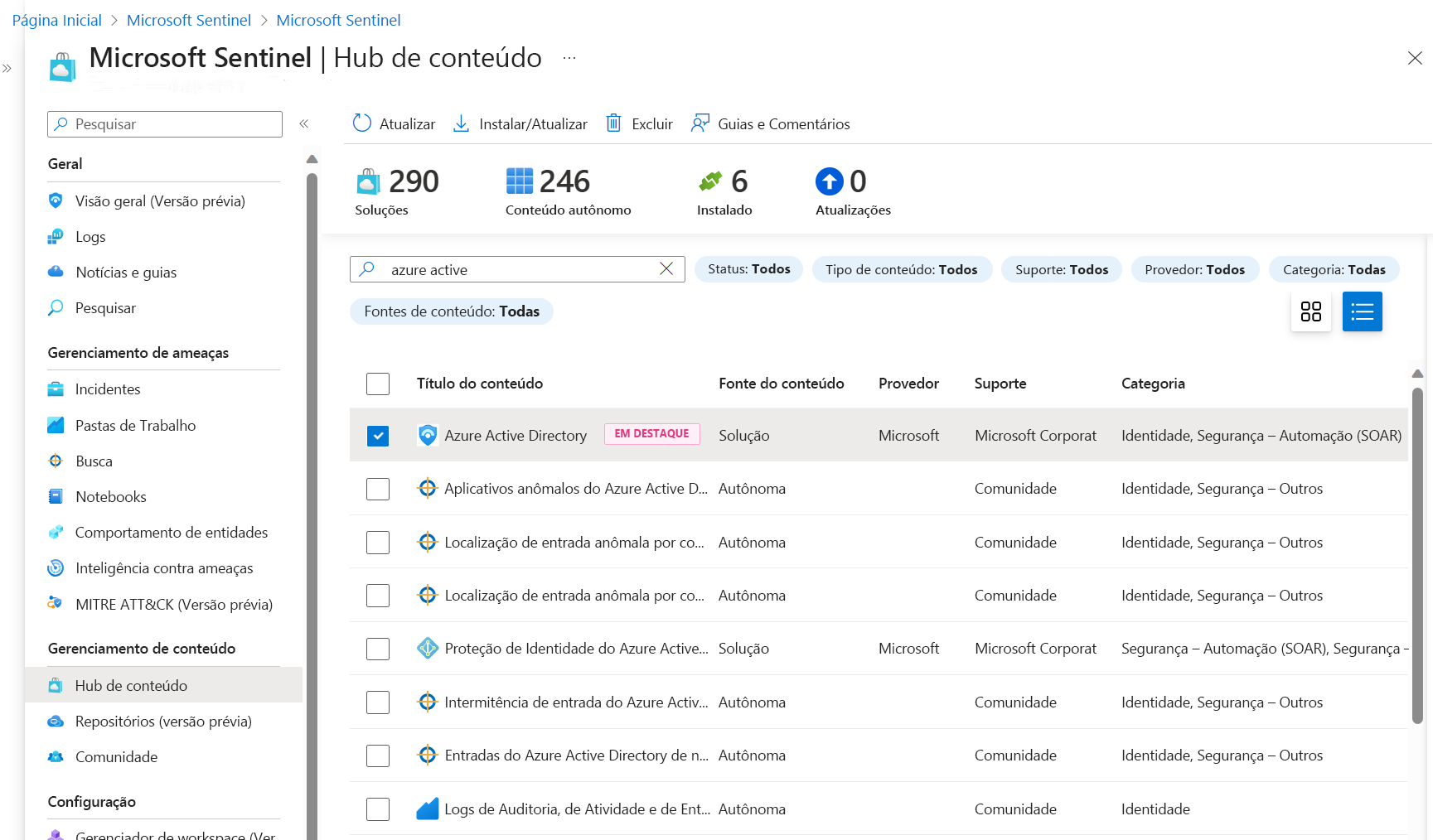Screenshot of the content hub page with Microsoft Entra ID selected.