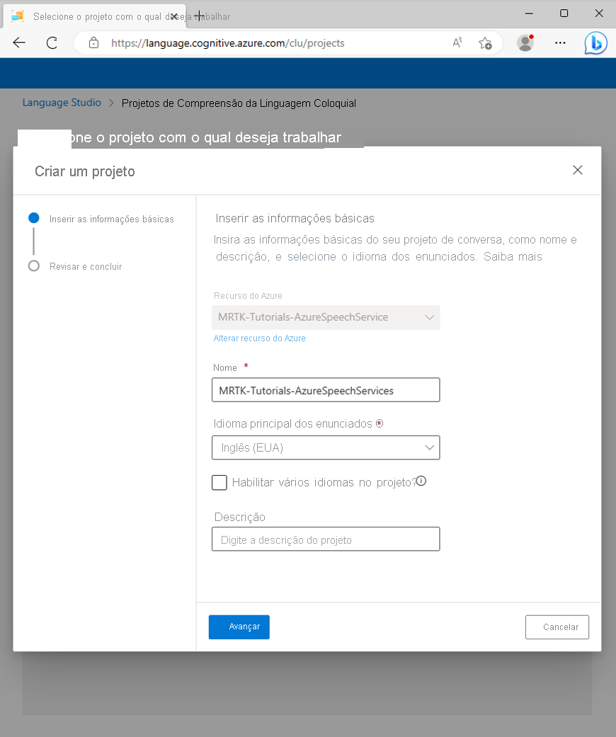 Screenshot of the Create a project popup.