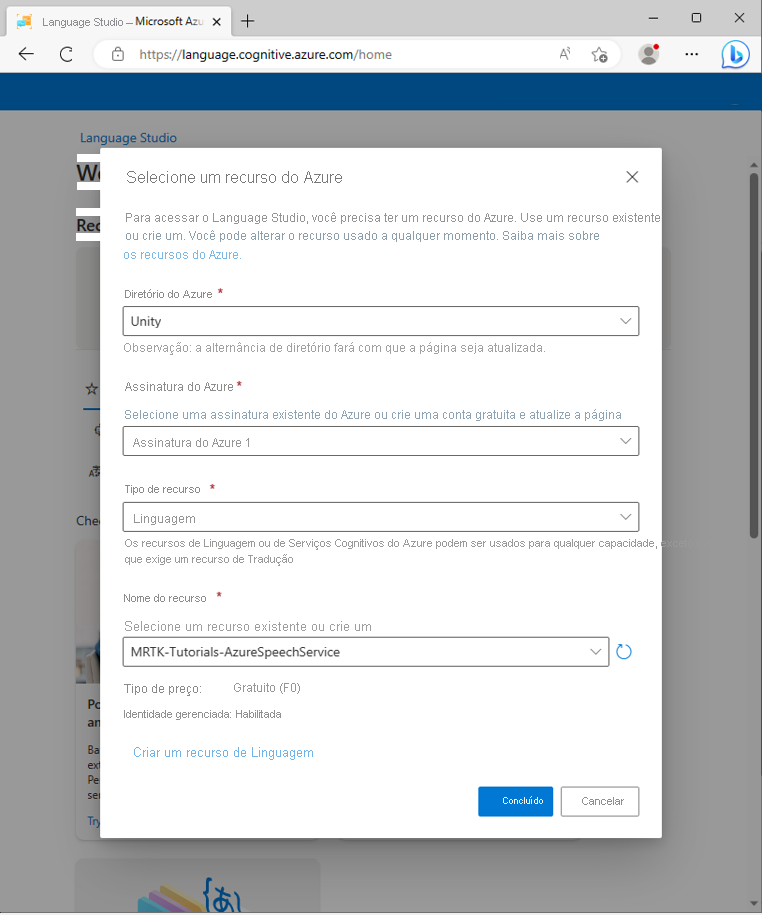 Screenshot showing the Select an Azure resource popup.