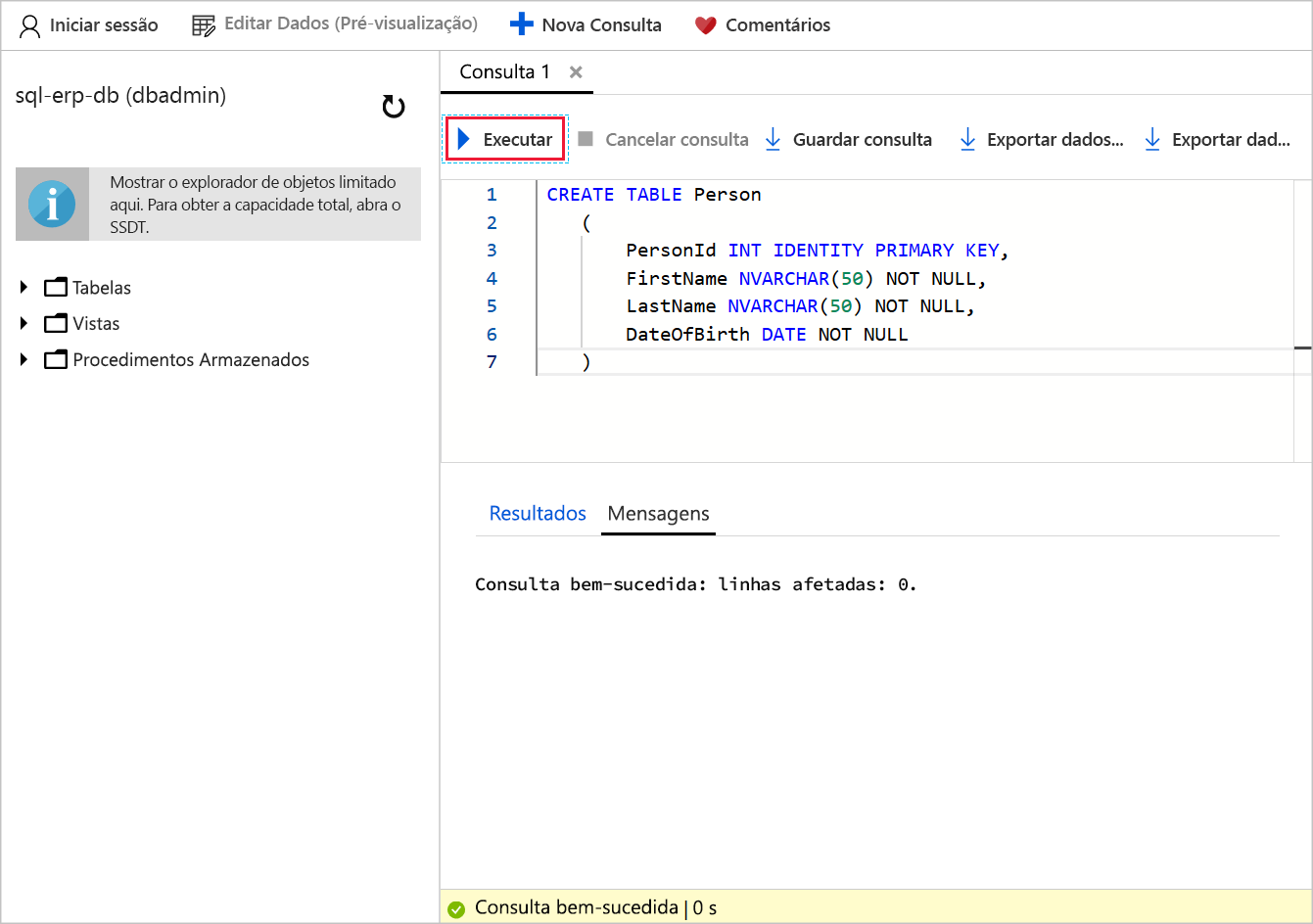 Screenshot of the query editor with T-SQL to create a new table in the sql-erp-db database. A callout highlights the run button.