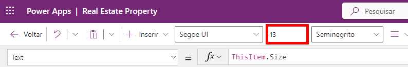 Captura de tela do tamanho sendo definido como 13 na barra de ferramentas.