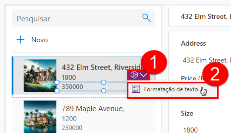 Captura de tela da galeria com o componente de preço selecionado.