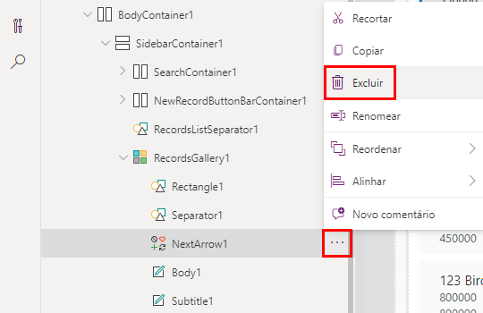 Captura de tela mostrando a ação de exclusão de NextArrow.
