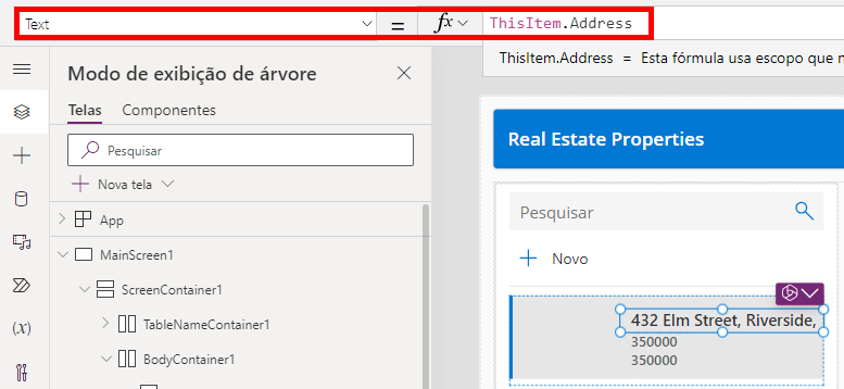 Captura de tela da propriedade text na barra de fórmulas.