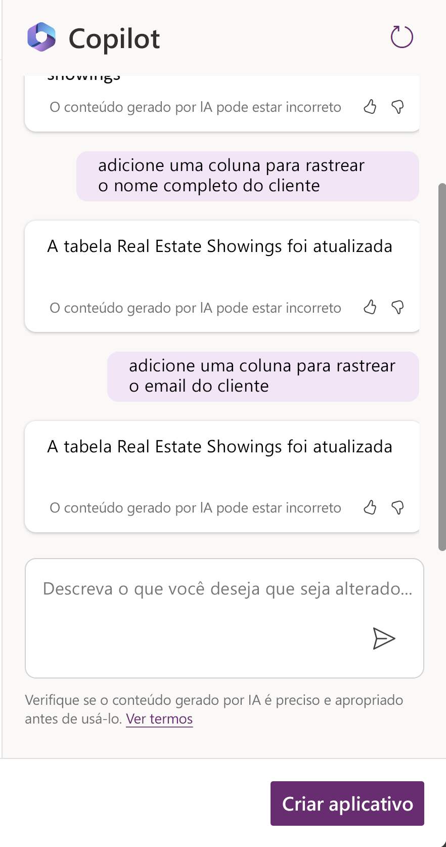 Captura de tela mostrando o histórico de conversas do Copilot.