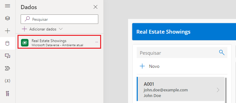 Captura de tela da tabela do Dataverse chamada Real Estate Showings no painel Dados do Power Apps Studio.