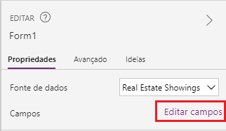 Captura de tela mostrando a opção Editar campos no painel Propriedades.