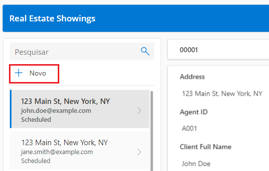 Captura de tela realçando o botão Adicionar novo registro no Power Apps Studio.