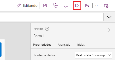Captura de tela do botão de Reprodução no Power Apps Studio.