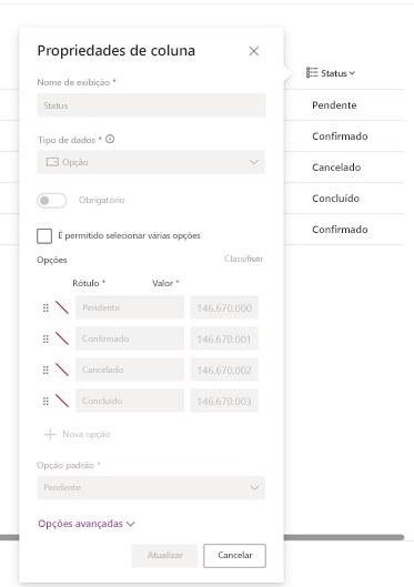 Captura de tela das propriedades da coluna Status com as opções atualizadas.