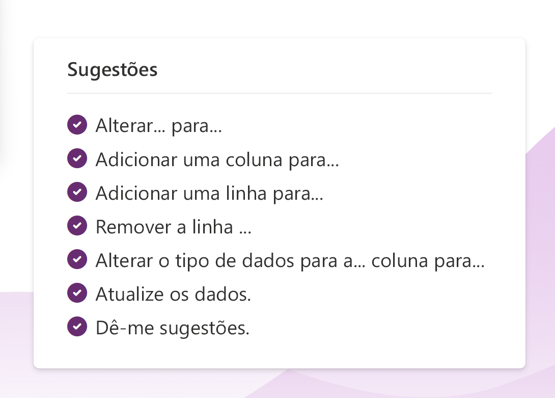 Captura de tela mostrando uma lista de sugestões para perguntar ao Copilot.